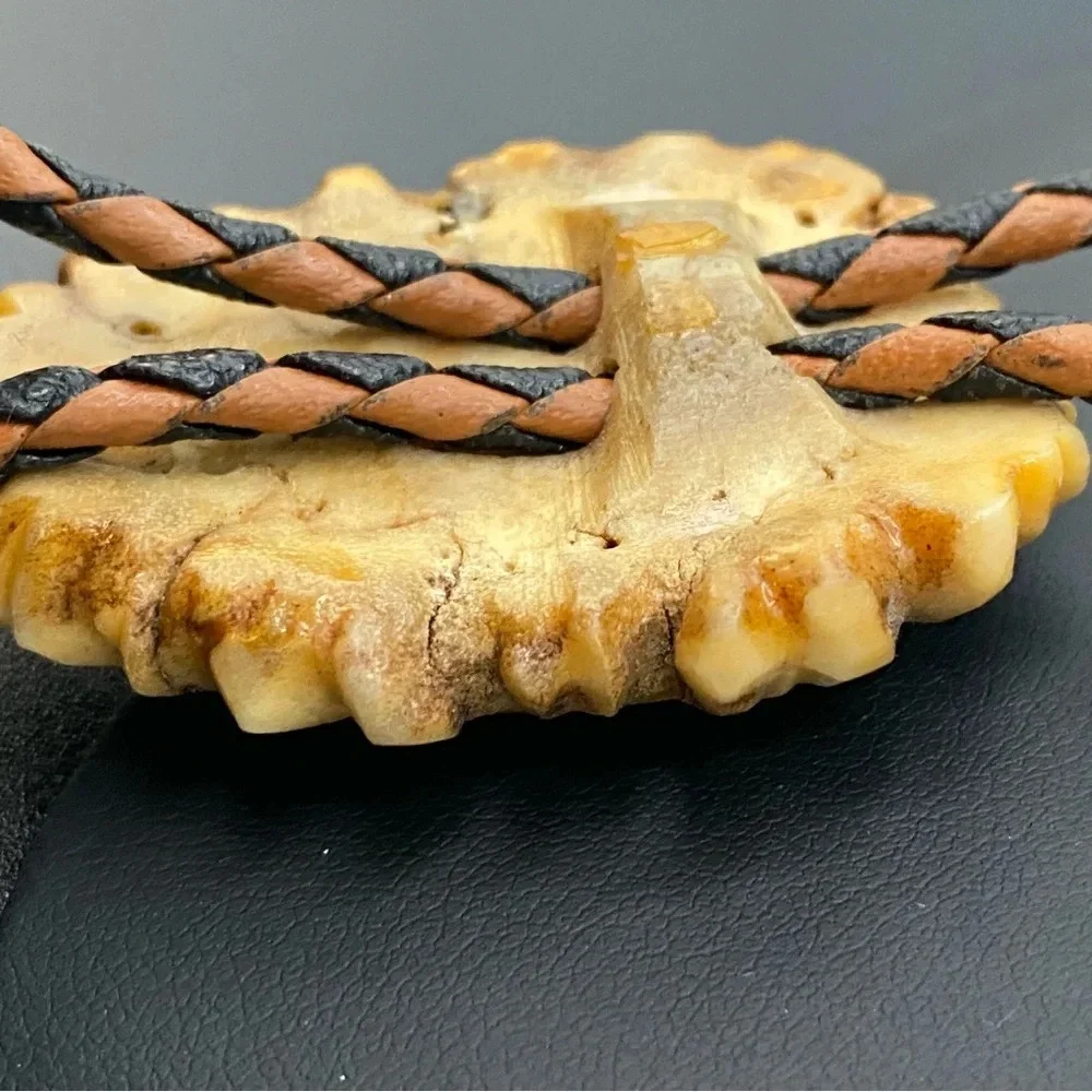 Vintage Bolo Neck Tie with Braided Leather Cord and Carved Horn